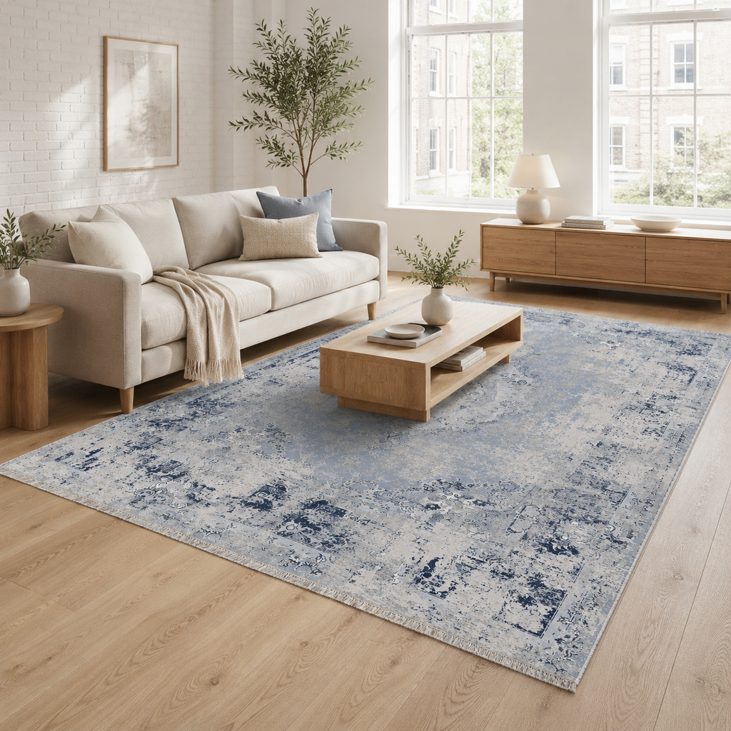 Tapis Ethnique Vintage Bleu Marine Lavable Ginevra, vue 9