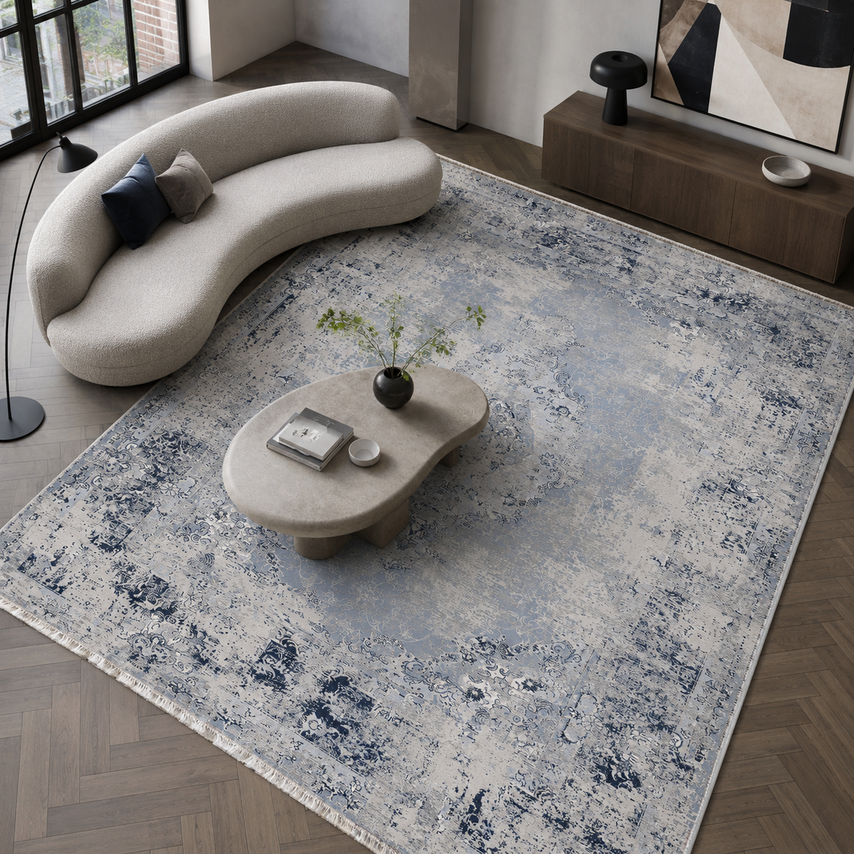 Tapis Ethnique Vintage Bleu Marine Lavable Ginevra, vue 10