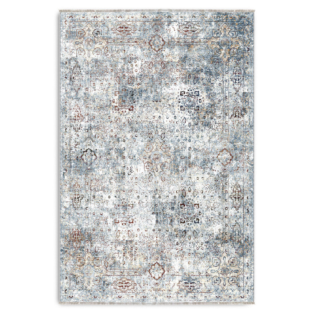 Détail du motif du tapis ethnique vintage bleu marine lavable Elowen