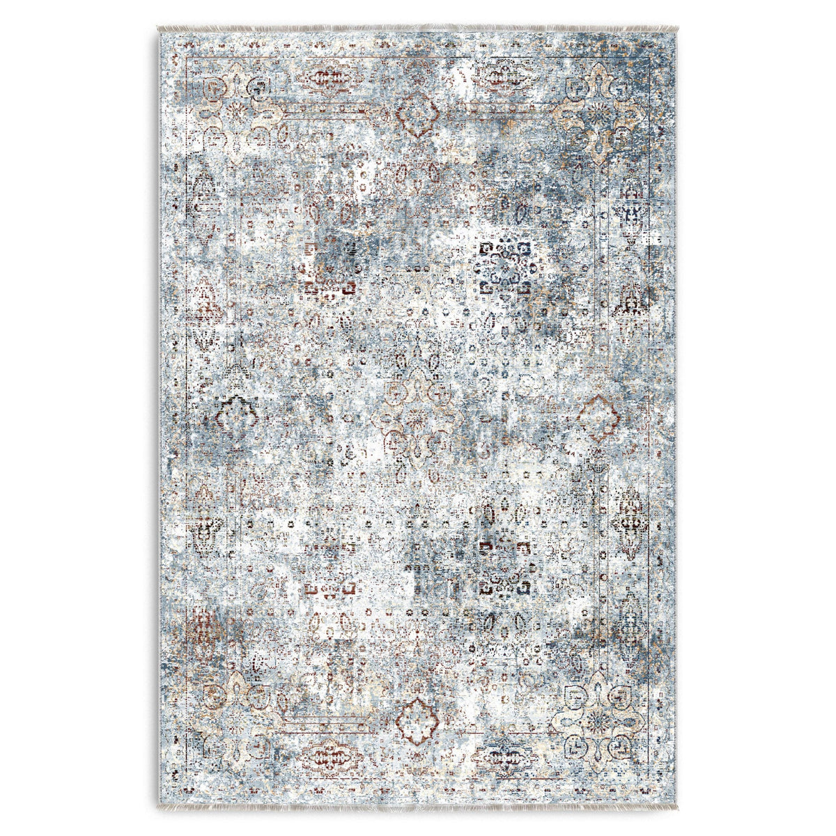 Détail du motif du tapis ethnique vintage bleu marine lavable Elowen