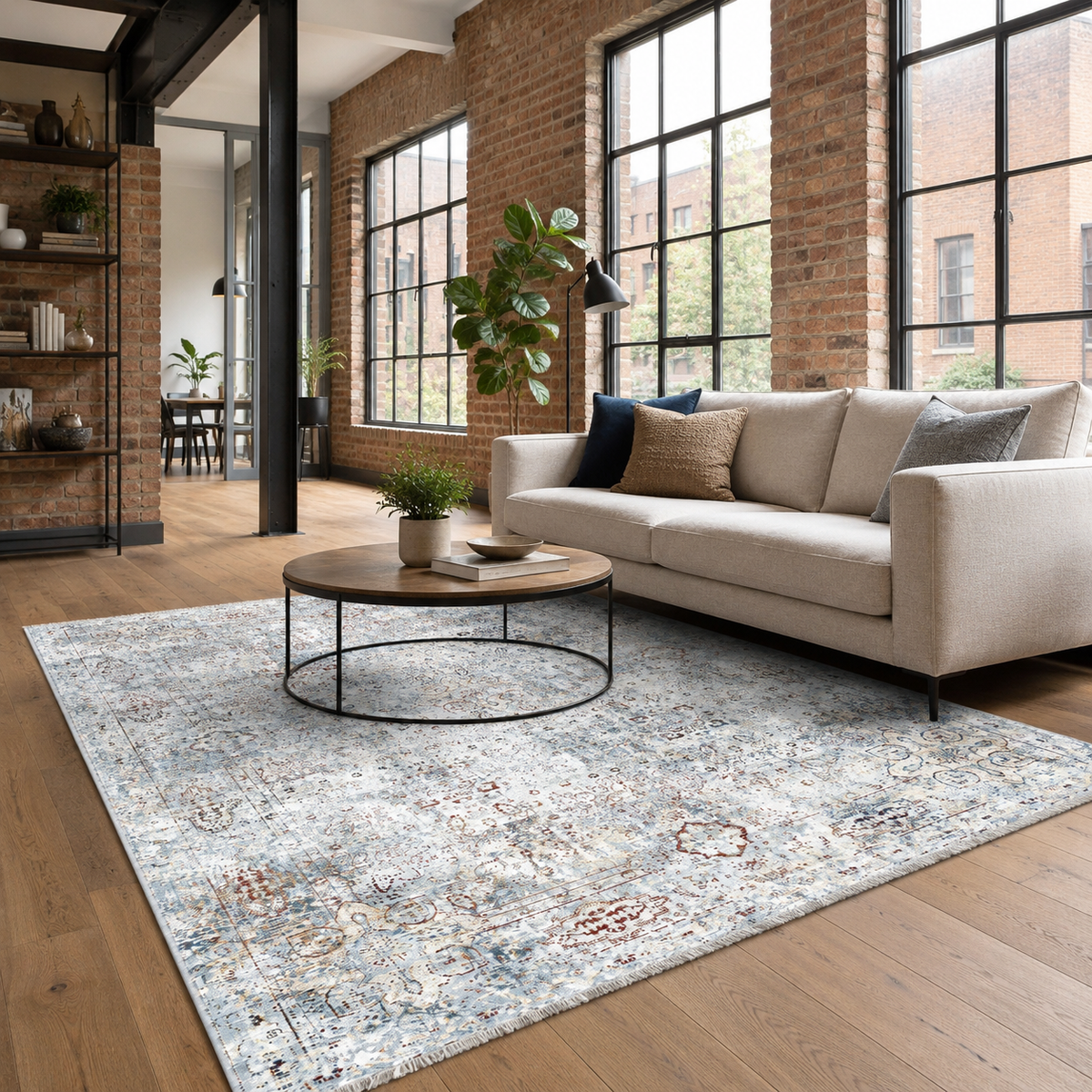 Tapis Ethnique Vintage Bleu Marine Lavable Elowen, vue 3