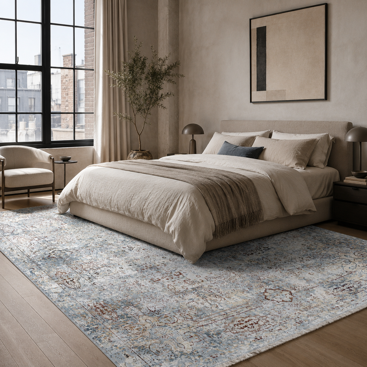 Tapis Ethnique Vintage Bleu Marine Lavable Elowen, vue 4
