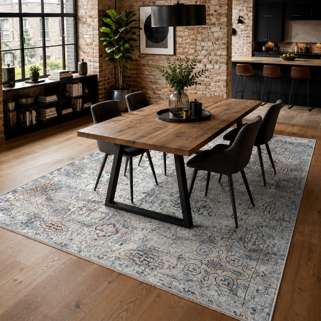 Tapis Ethnique Vintage Bleu Marine Lavable Elowen, vue 5