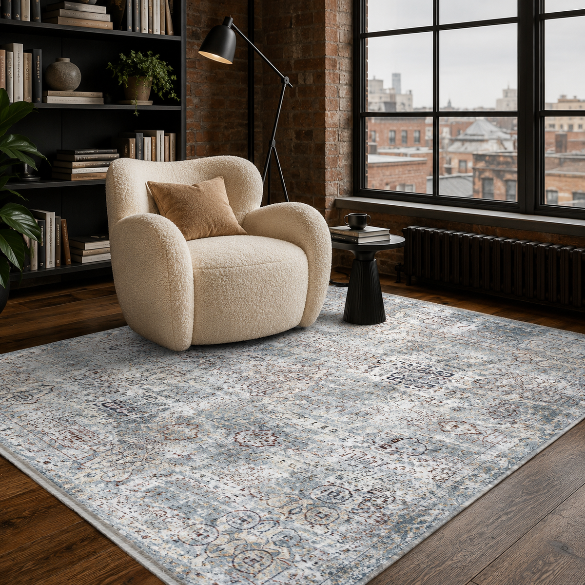 Tapis Ethnique Vintage Bleu Marine Lavable Elowen, vue 6