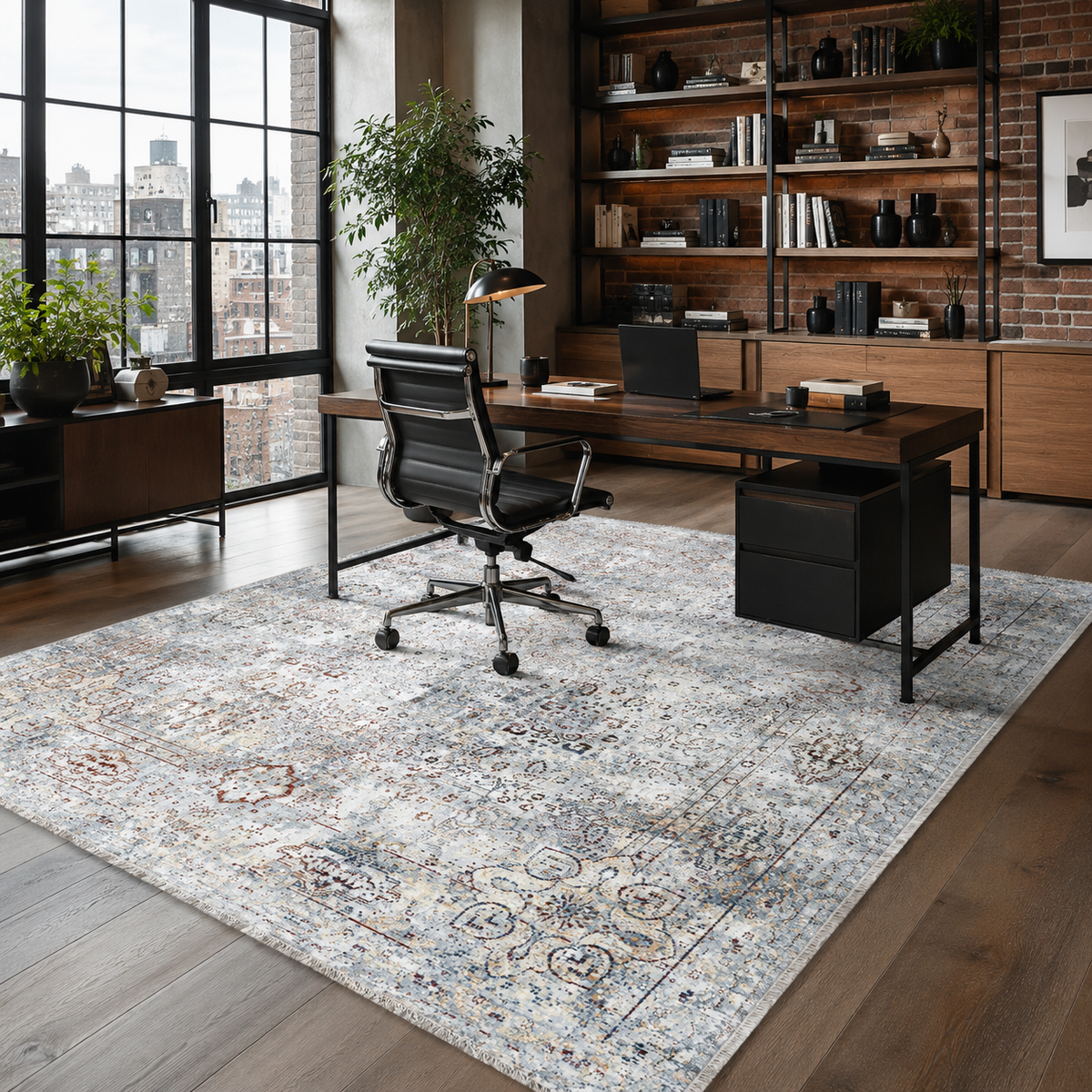 Tapis Ethnique Vintage Bleu Marine Lavable Elowen, vue 7