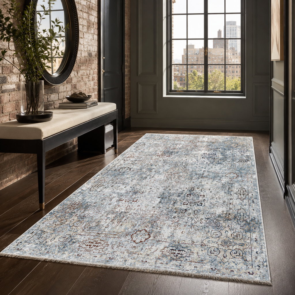 Tapis Ethnique Vintage Bleu Marine Lavable Elowen, vue 8