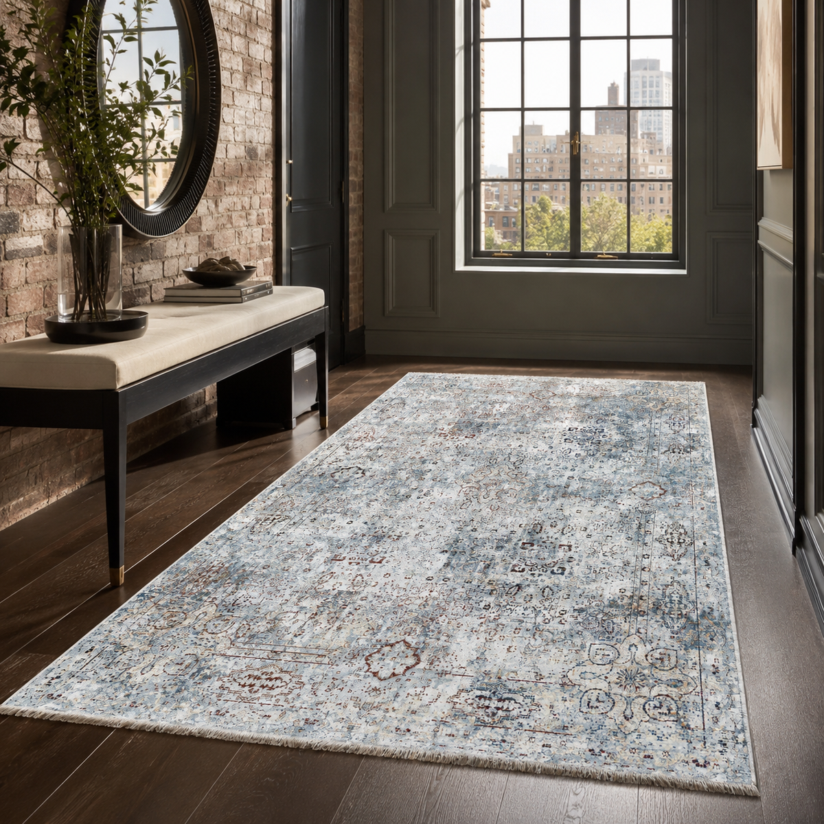 Tapis Ethnique Vintage Bleu Marine Lavable Elowen, vue 8