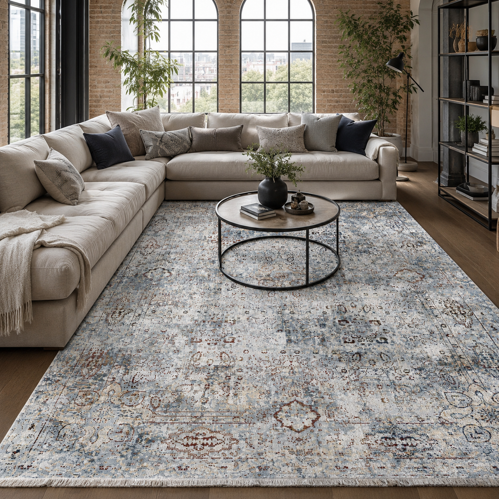 Tapis Ethnique Vintage Bleu Marine Lavable Elowen, vue 9