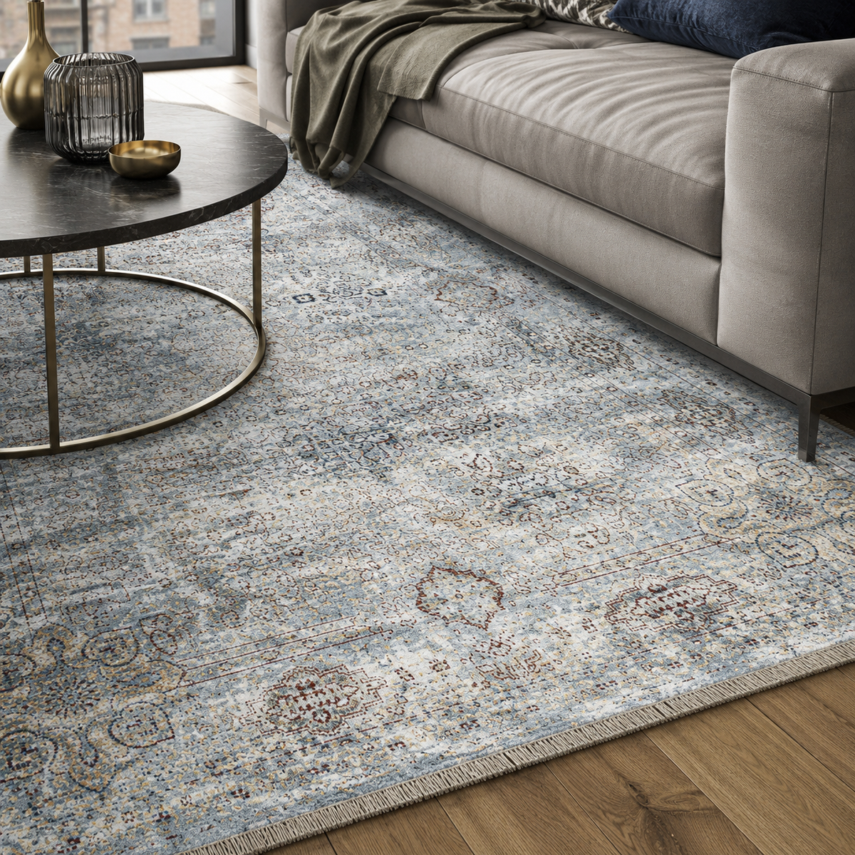 Tapis Ethnique Vintage Bleu Marine Lavable Elowen, vue 10