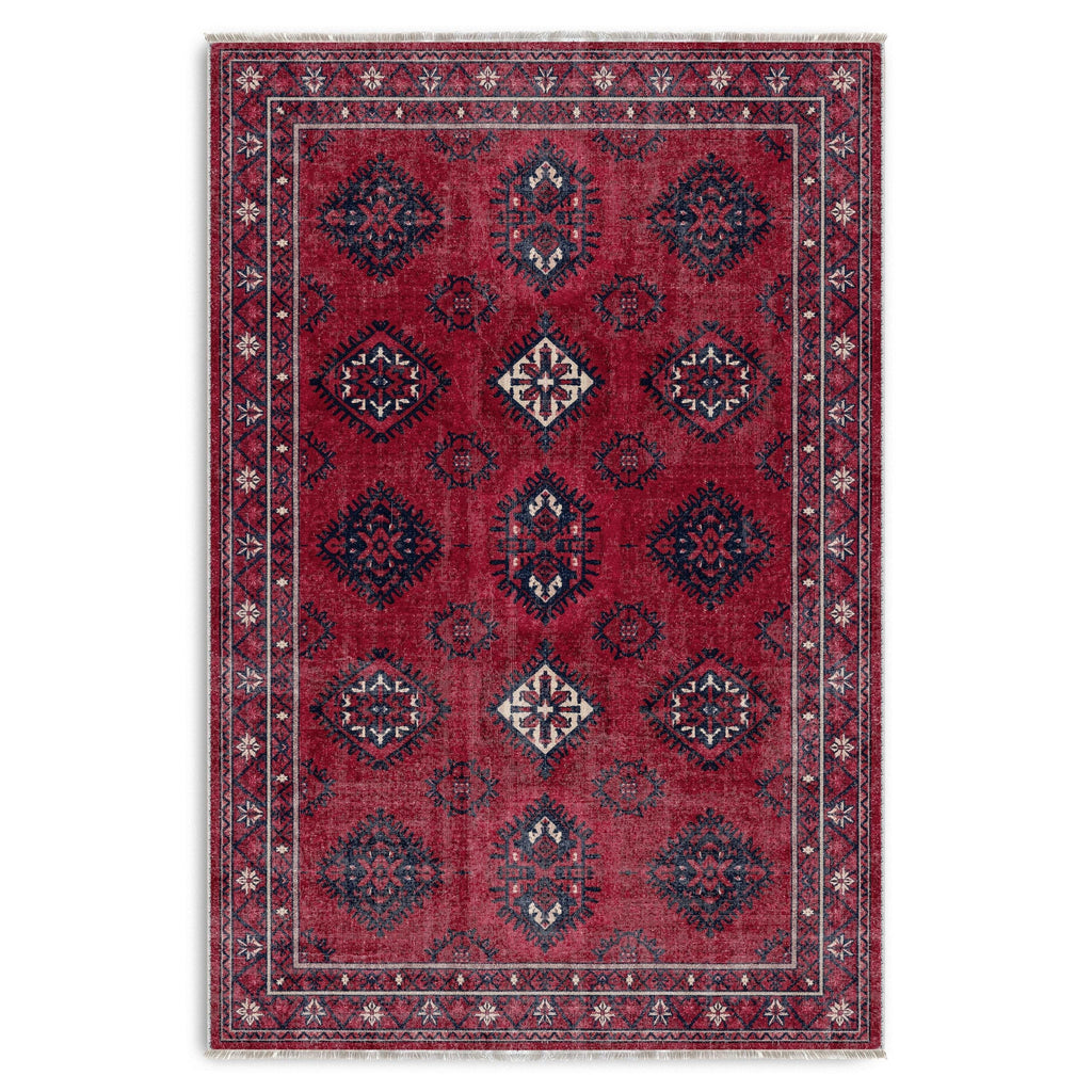 Détail du motif du tapis ethnique vintage bordeaux lavable Azélie