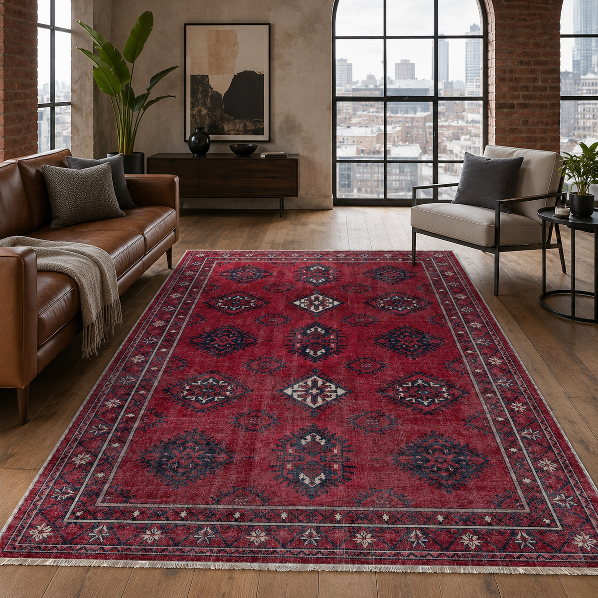 Tapis Ethnique Vintage Bordeaux Lavable Azélie, vue 3
