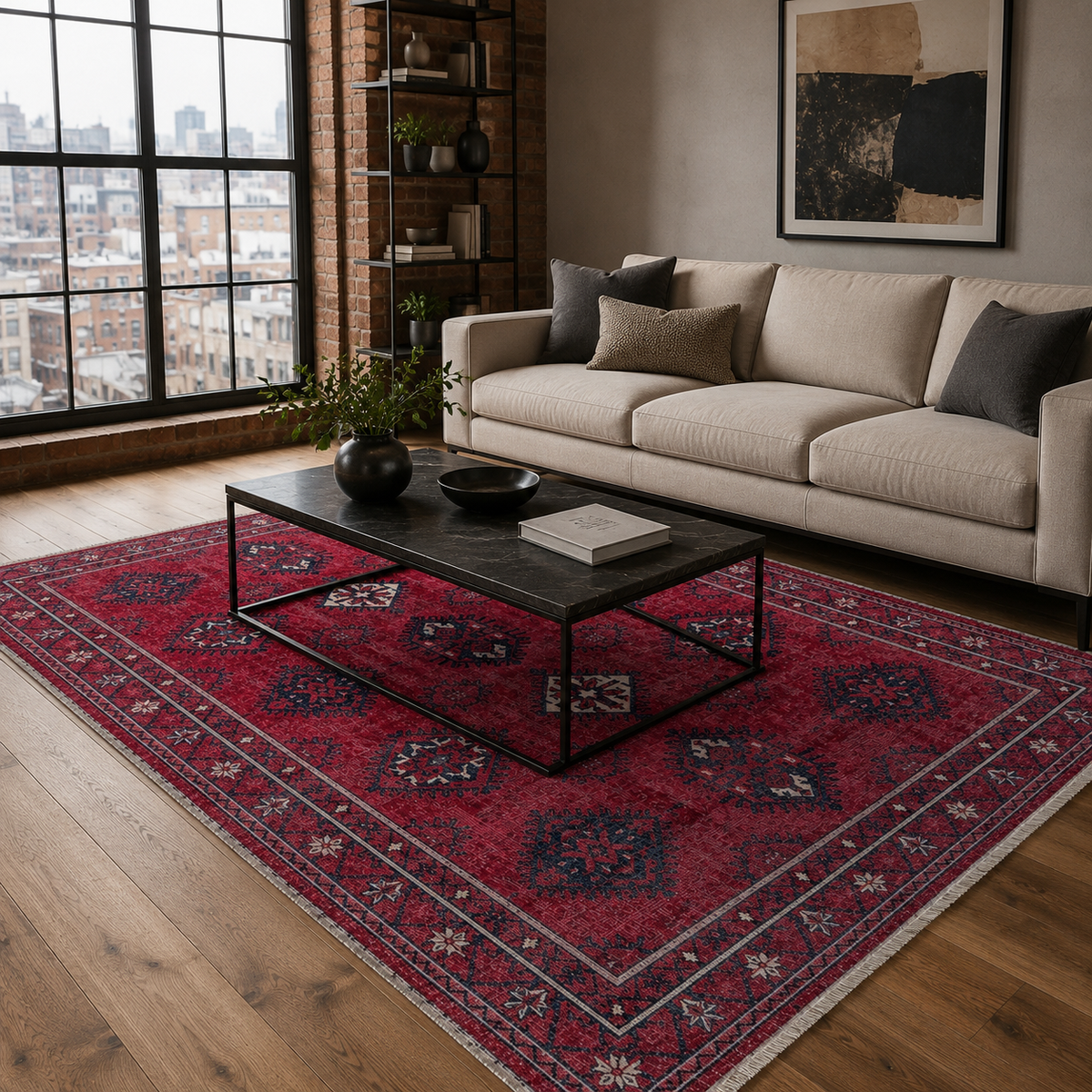 Tapis Ethnique Vintage Bordeaux Lavable Azélie, vue 4