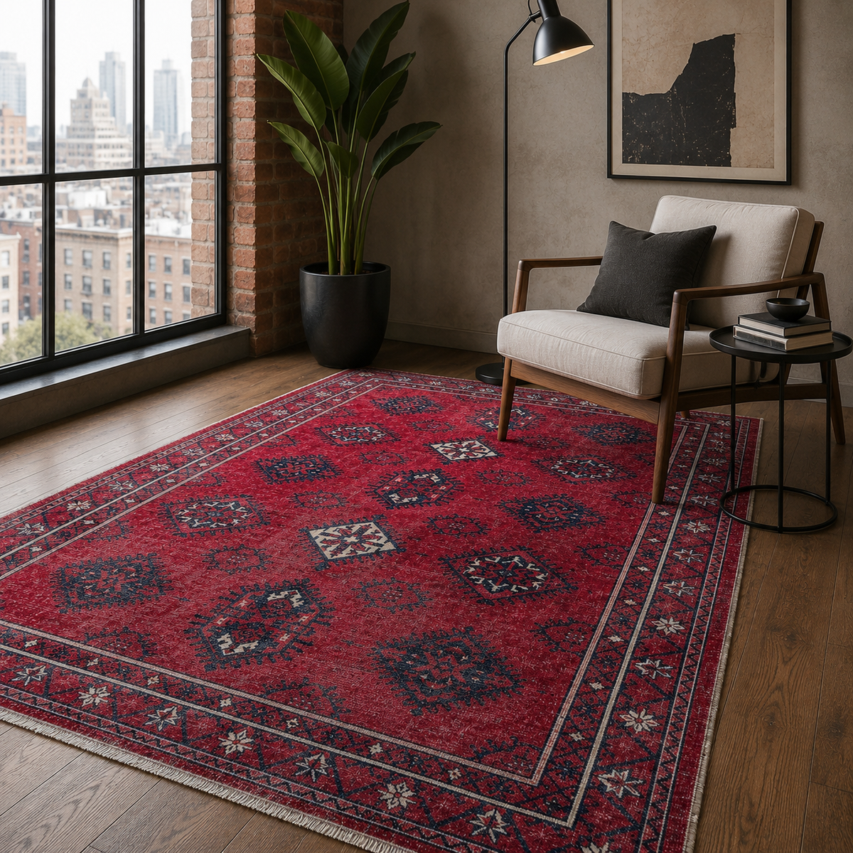 Tapis Ethnique Vintage Bordeaux Lavable Azélie, vue 7