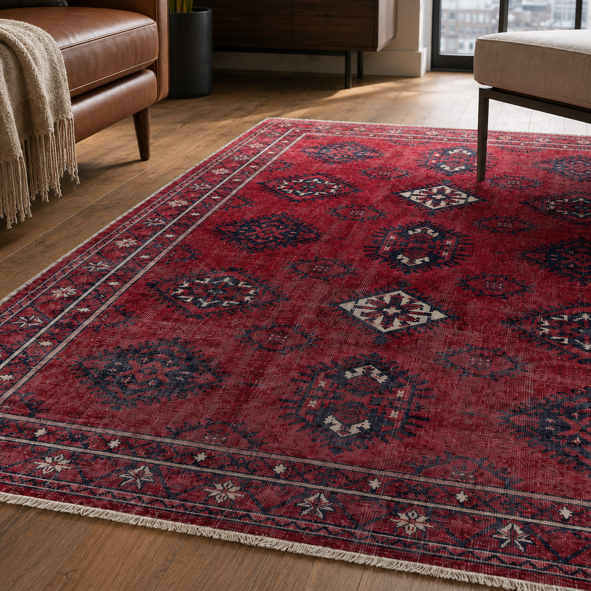 Tapis Ethnique Vintage Bordeaux Lavable Azélie, vue 9