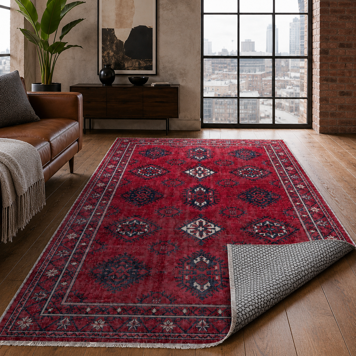 Tapis Ethnique Vintage Bordeaux Lavable Azélie, vue 10