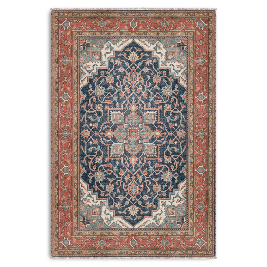 Détail du motif du tapis ethnique vintage bleu marine lavable Camélia