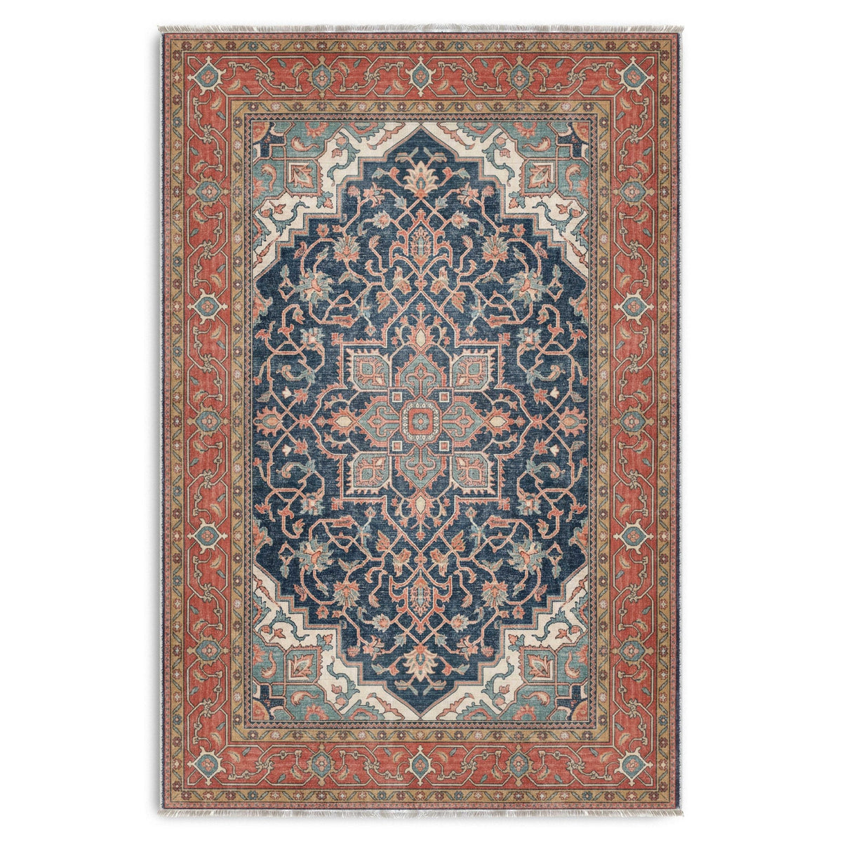 Détail du motif du tapis ethnique vintage bleu marine lavable Camélia