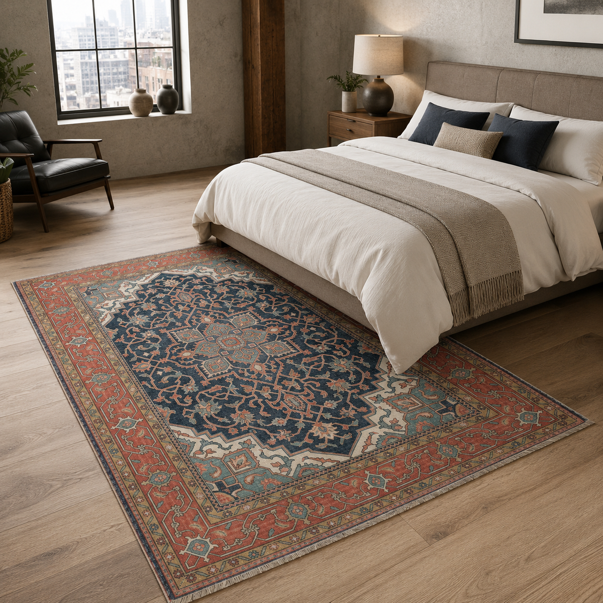 Tapis Ethnique Vintage Bleu Marine Lavable Camélia, vue 4