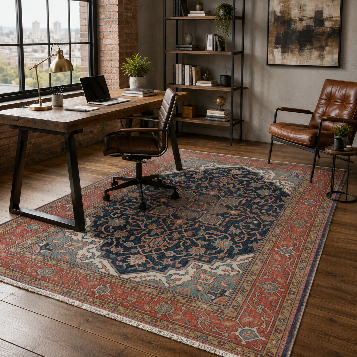 Tapis Ethnique Vintage Bleu Marine Lavable Camélia, vue 6