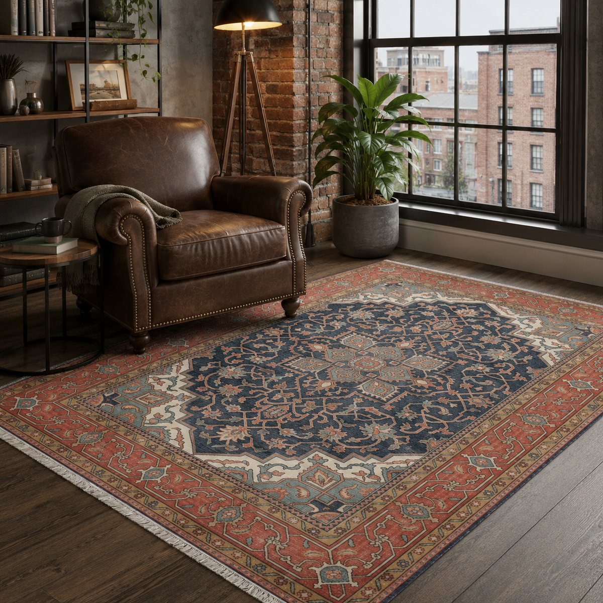 Tapis Ethnique Vintage Bleu Marine Lavable Camélia, vue 7