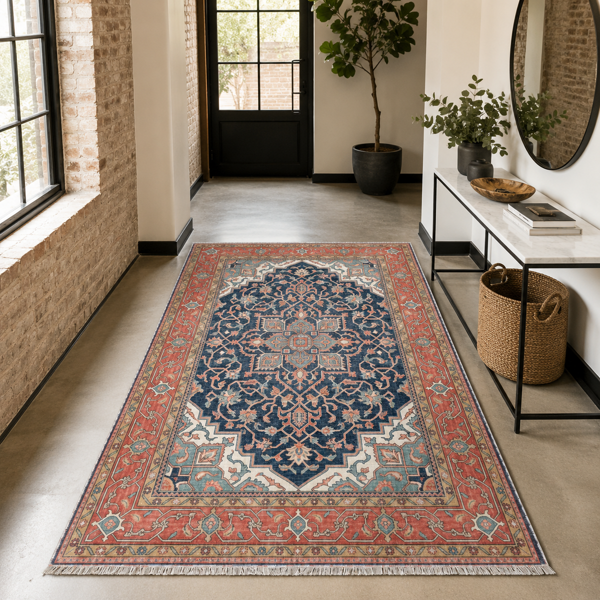 Tapis Ethnique Vintage Bleu Marine Lavable Camélia, vue 8
