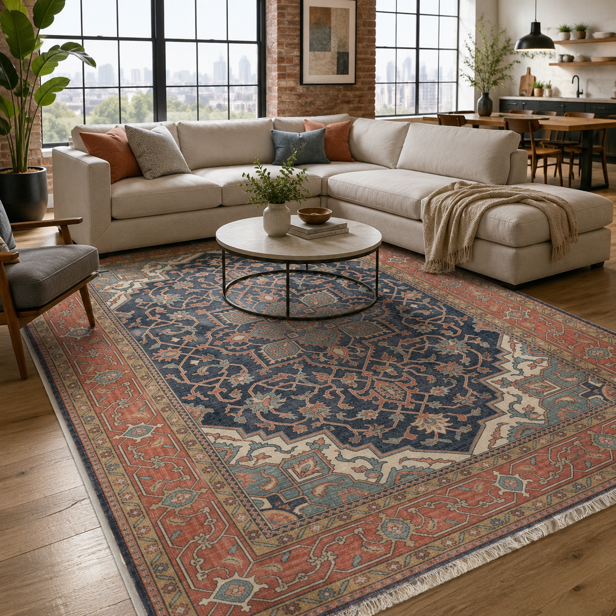 Tapis Ethnique Vintage Bleu Marine Lavable Camélia, vue 9