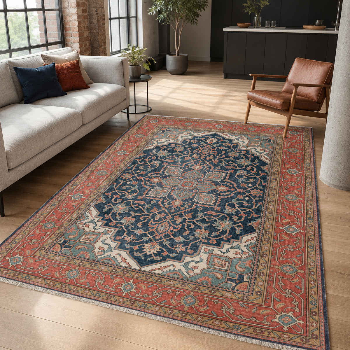 Tapis Ethnique Vintage Bleu Marine Lavable Camélia, vue 10