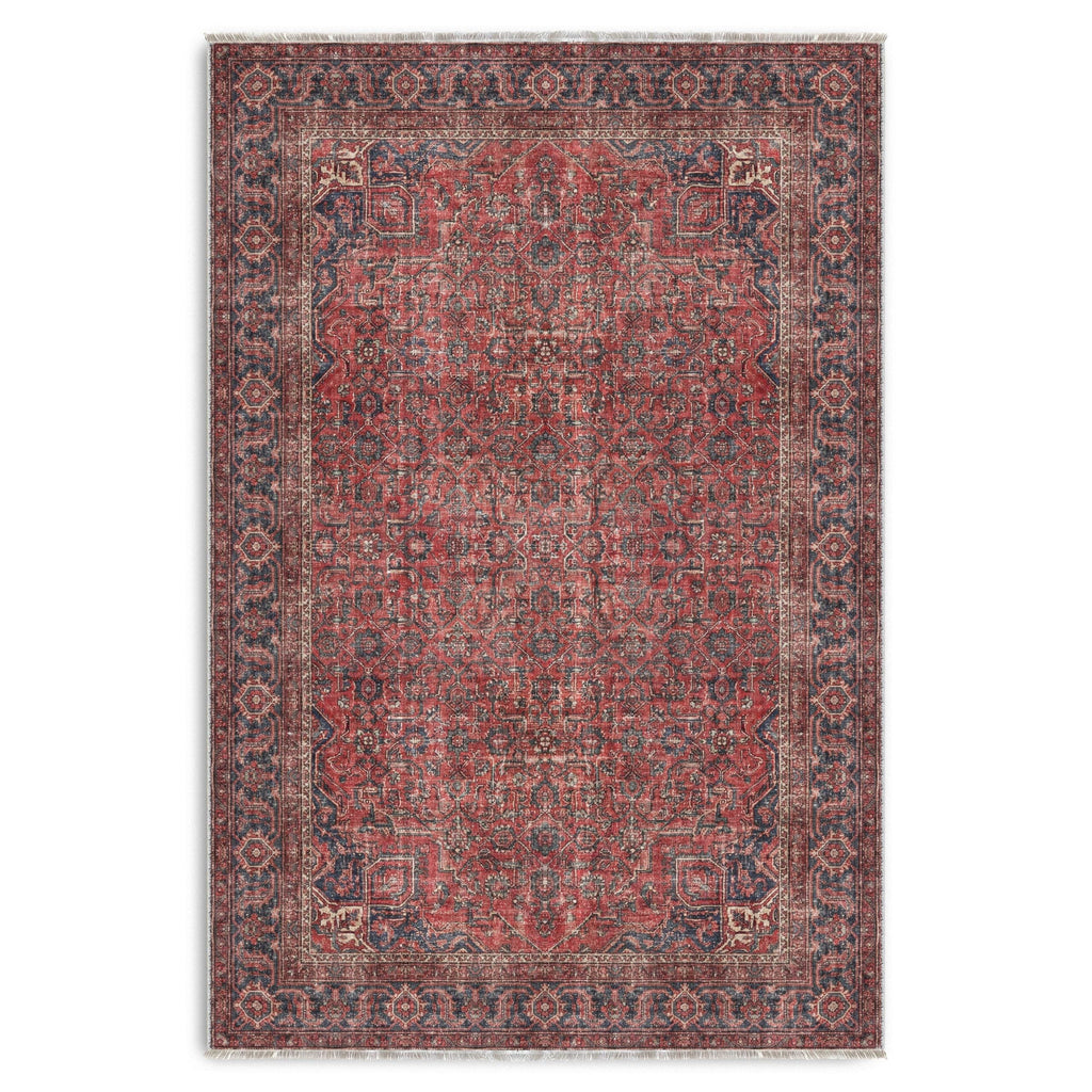 Détail du motif du tapis ethnique vintage bordeaux lavable Nélia