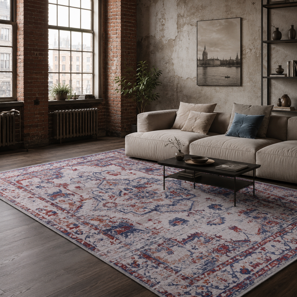 Détail du motif du tapis abstrait gris lavable Nélia