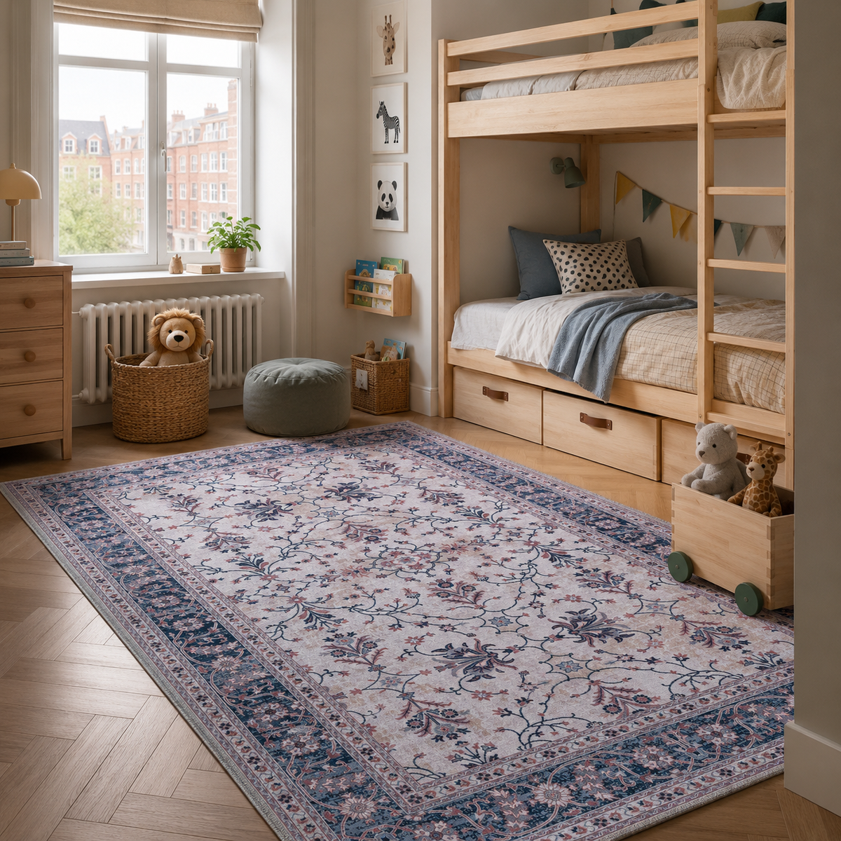 Tapis Vintage Bleu Marine Lavable Sabine, vue principale
