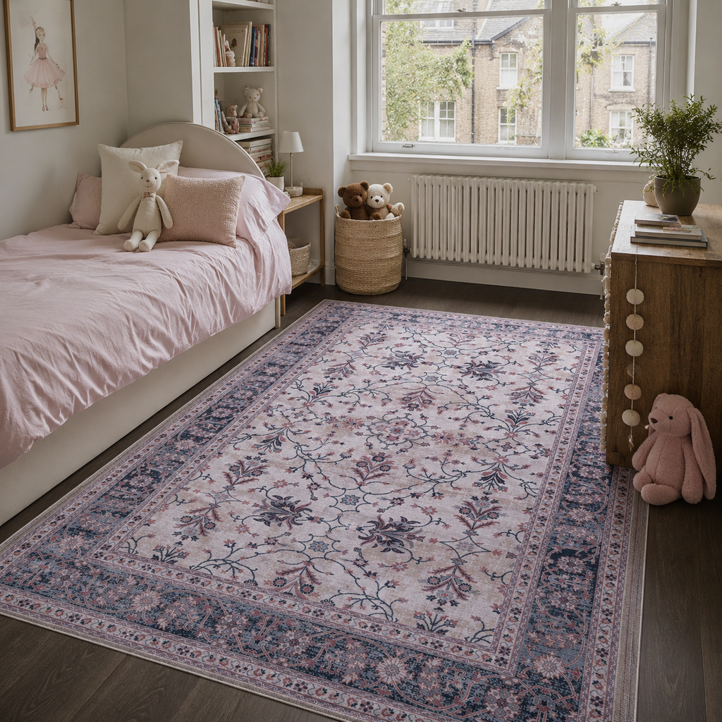 Détail du motif du tapis vintage bleu marine lavable Sabine