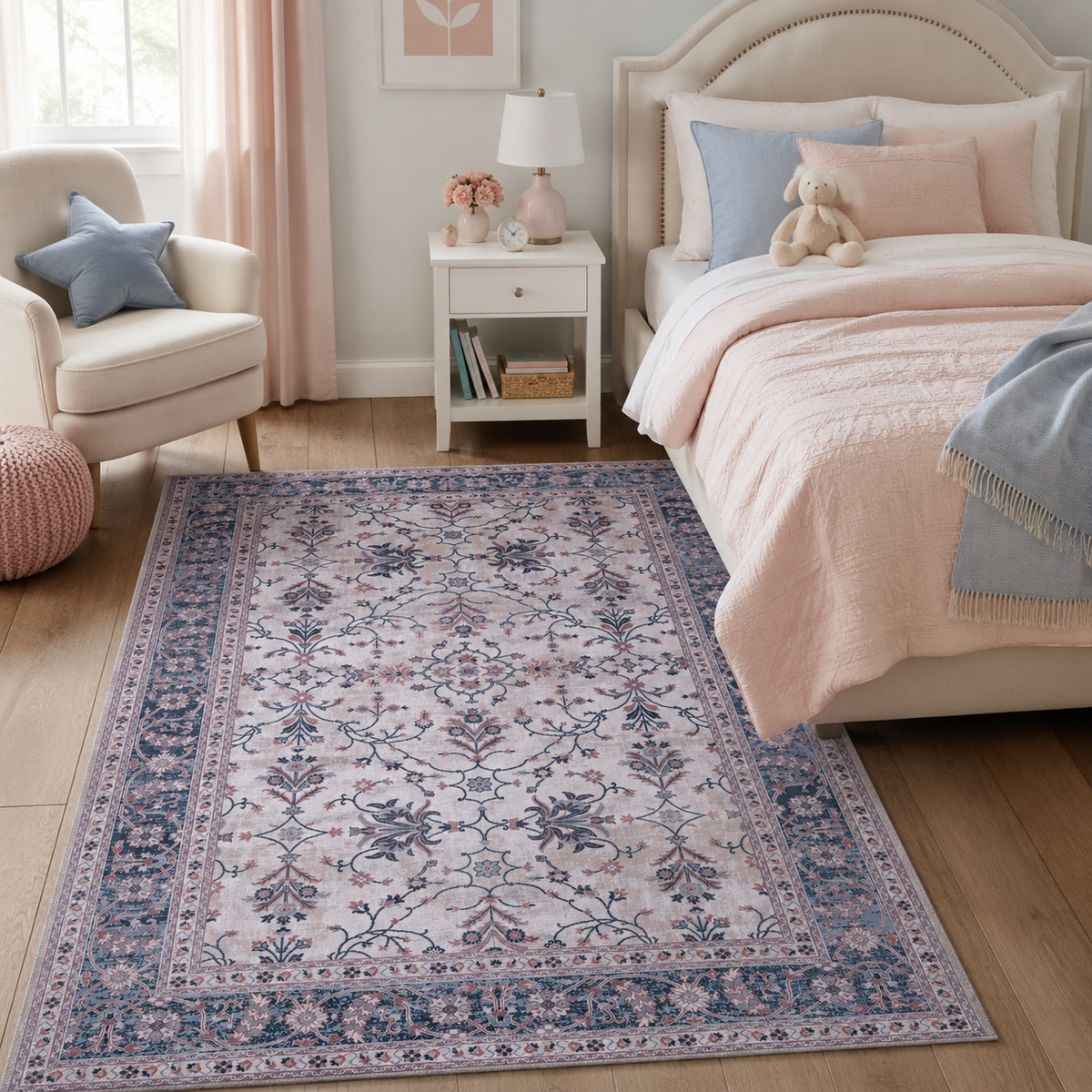 Tapis Vintage Bleu Marine Lavable Sabine, vue 5