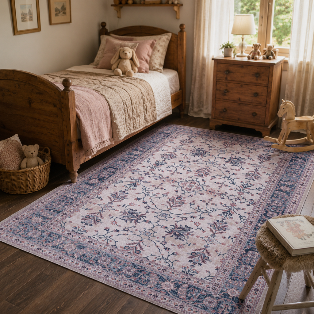 Tapis Vintage Bleu Marine Lavable Sabine, vue 6