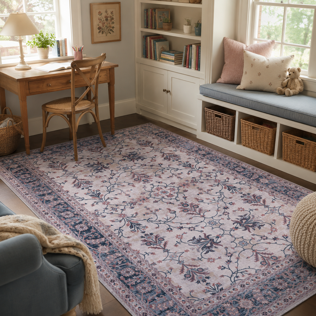 Tapis Vintage Bleu Marine Lavable Sabine, vue 10