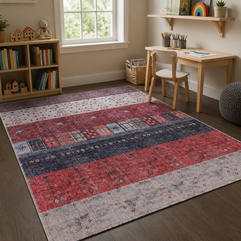 Tapis Ethnique Vintage Bordeaux Lavable Domitille, vue principale
