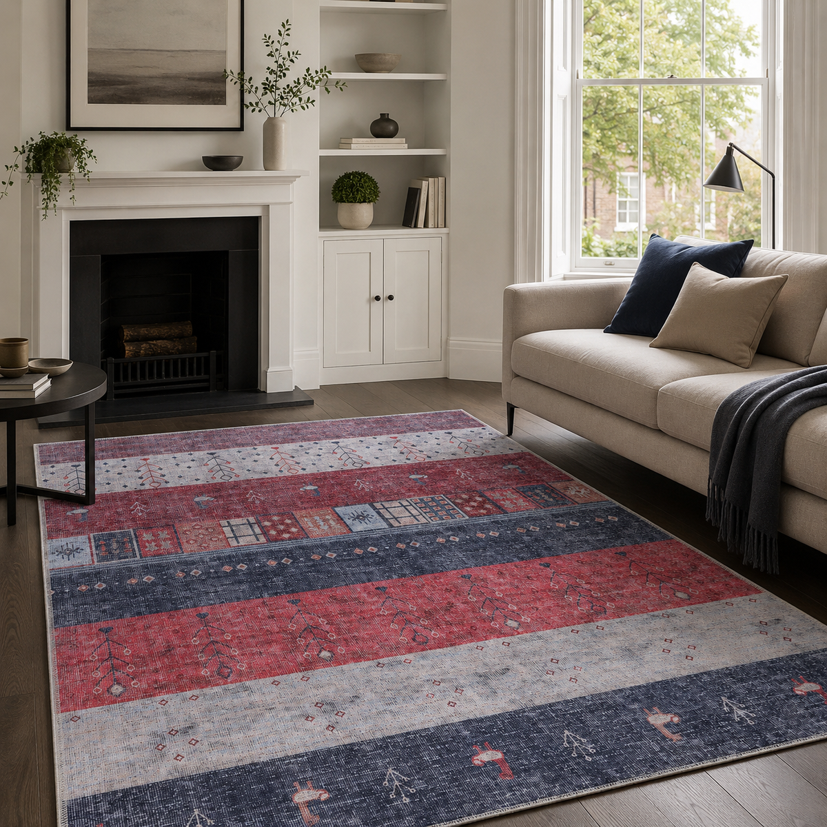 Détail du motif du tapis ethnique vintage bordeaux lavable Domitille