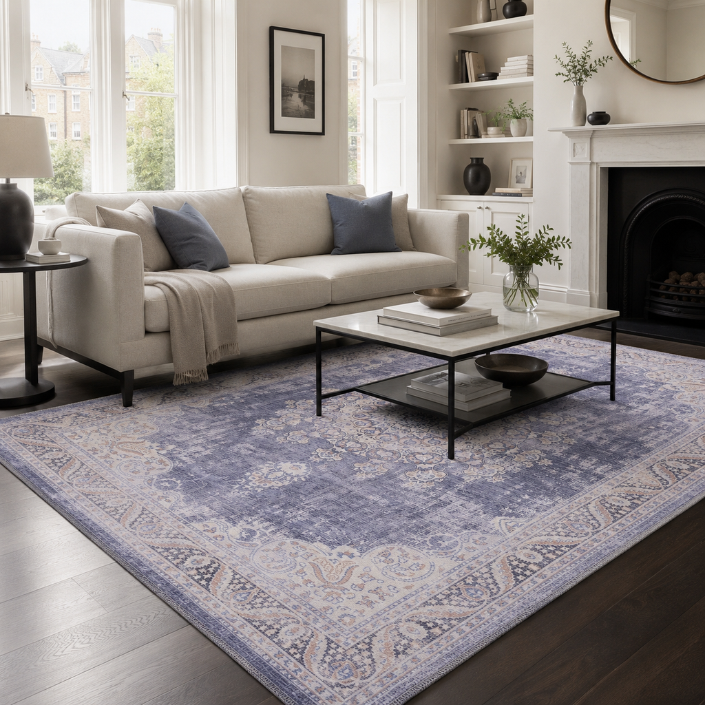 Tapis Ethnique Vintage Bleu Marine Lavable Élise, vue principale
