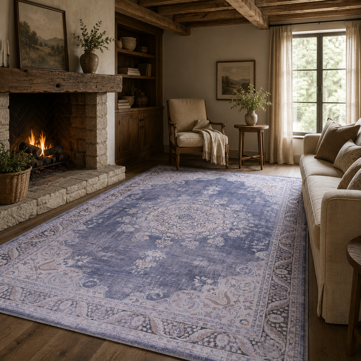 Tapis Ethnique Vintage Bleu Marine Lavable Élise, vue 5