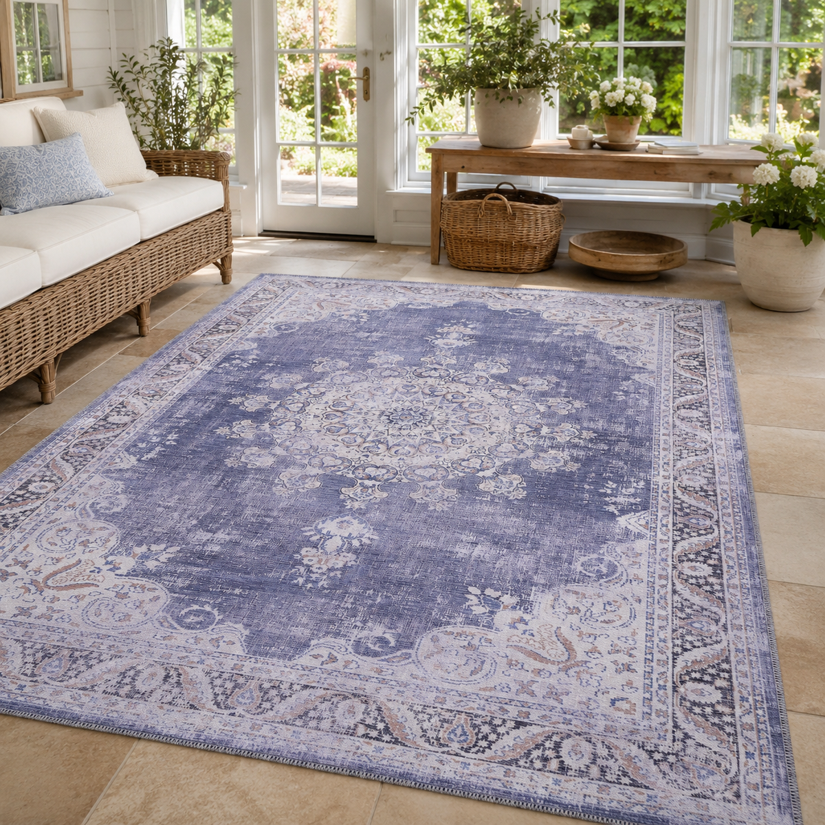 Tapis Ethnique Vintage Bleu Marine Lavable Élise, vue 7