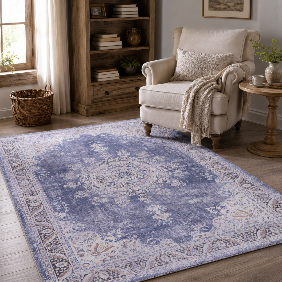 Tapis Ethnique Vintage Bleu Marine Lavable Élise, vue 8