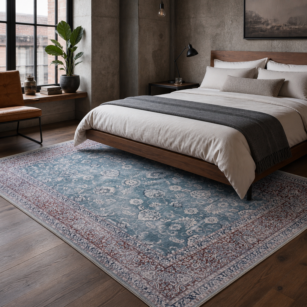 Tapis Vintage Bleu Marine Lavable Mila, vue principale