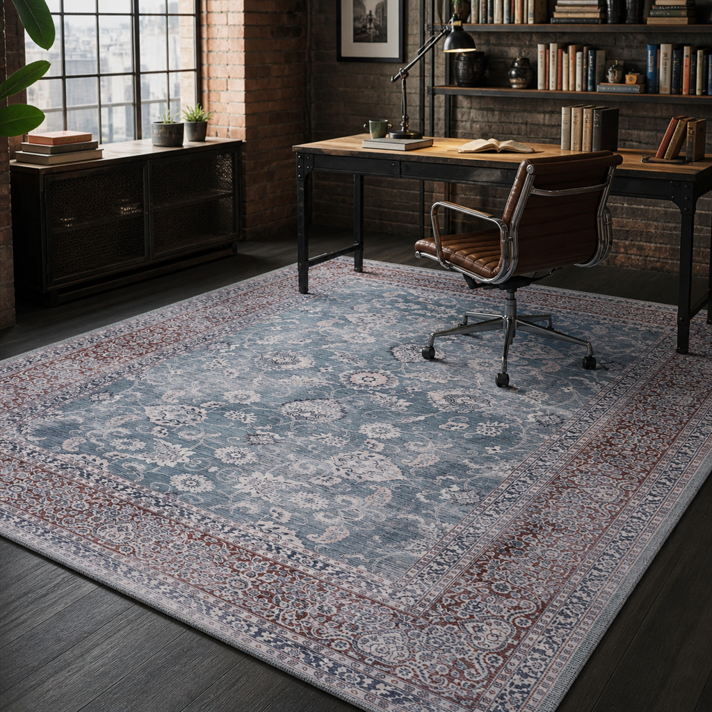 Détail du motif du tapis vintage bleu marine lavable Mila