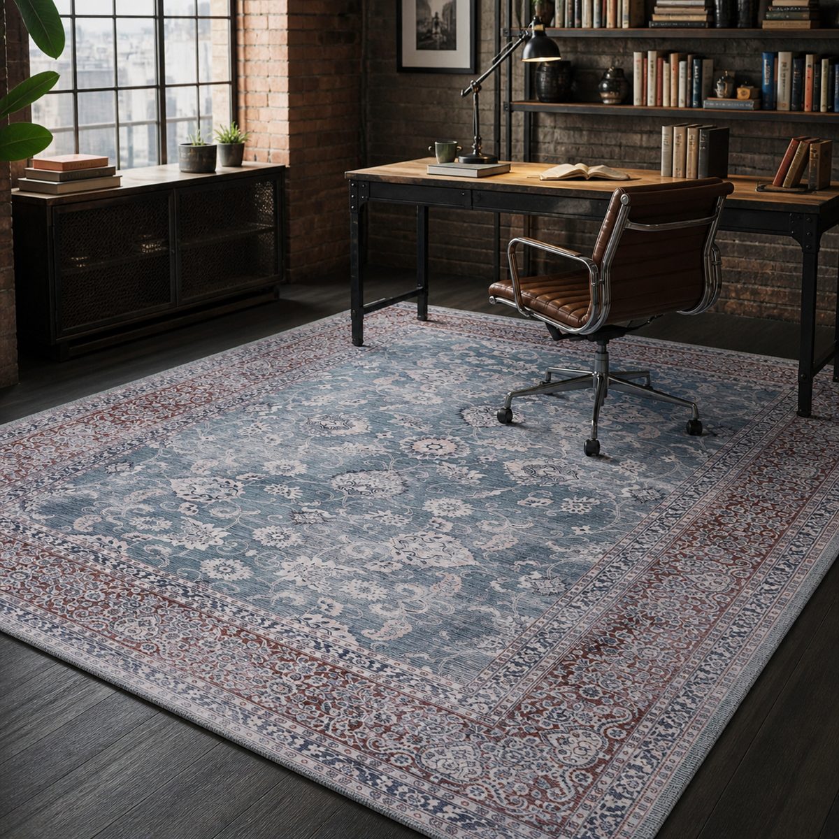 Détail du motif du tapis vintage bleu marine lavable Mila