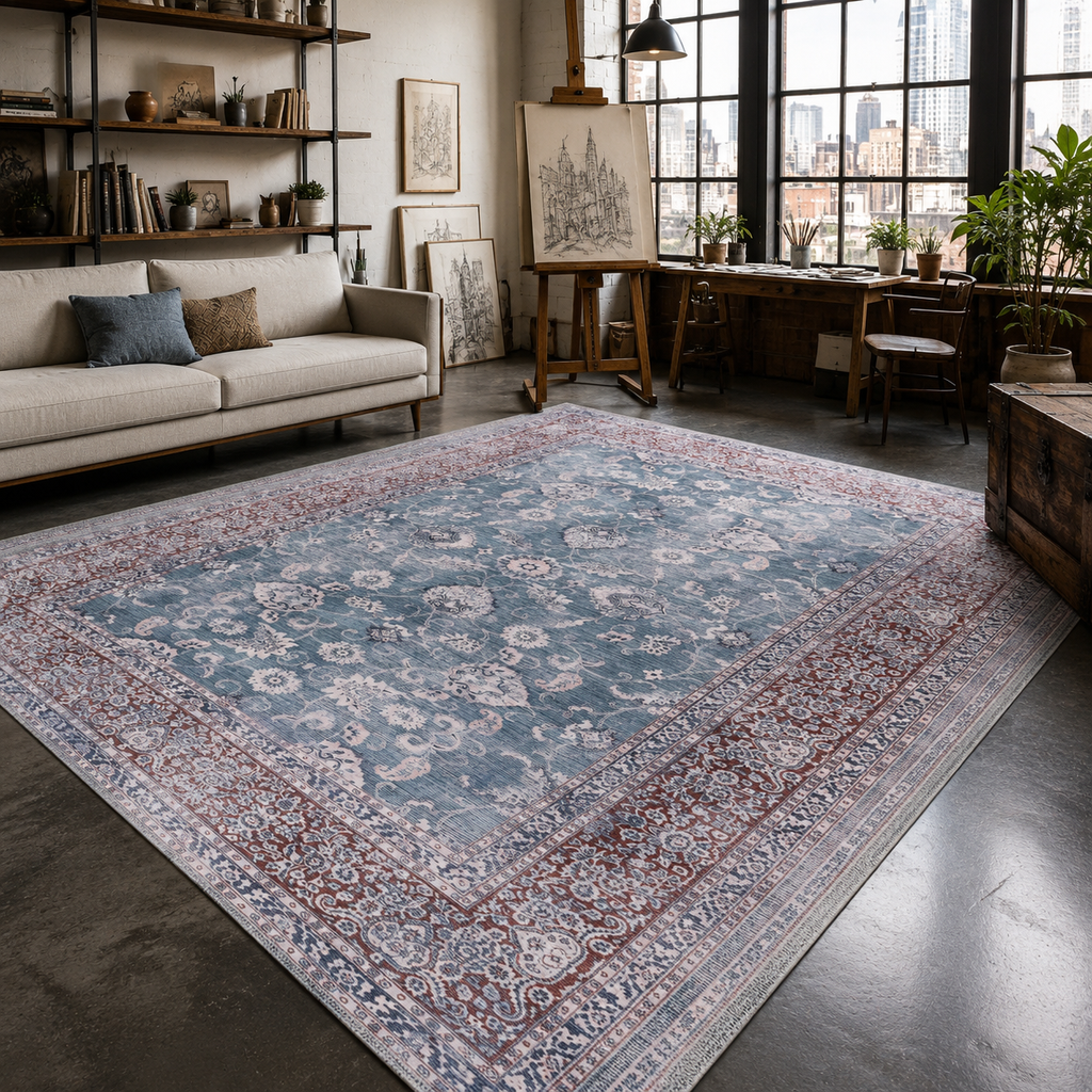 Tapis Vintage Bleu Marine Lavable Mila, vue 6
