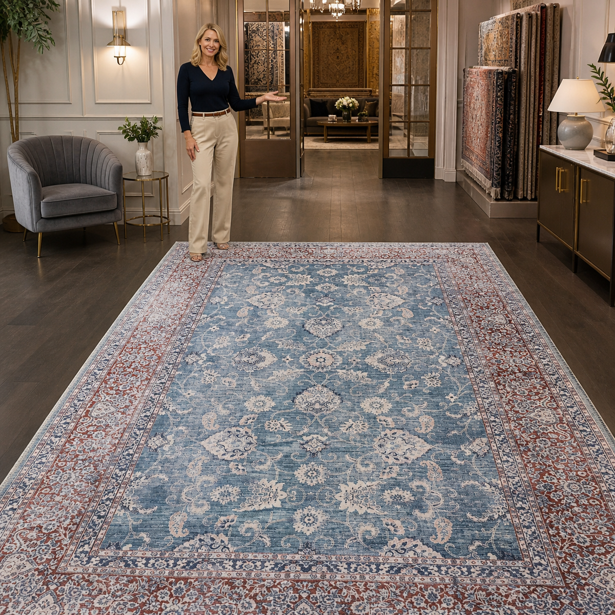 Tapis Vintage Bleu Marine Lavable Mila, vue 8