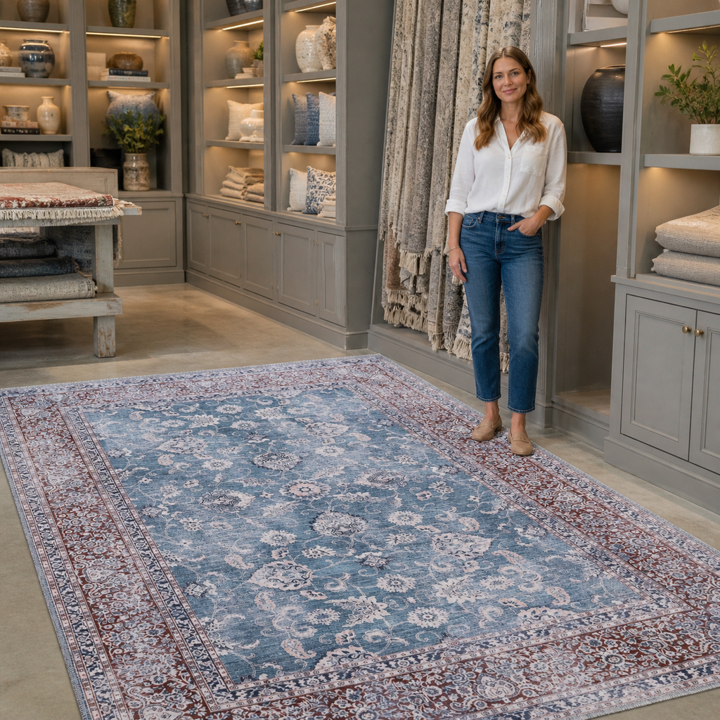 Tapis Vintage Bleu Marine Lavable Mila, vue 9