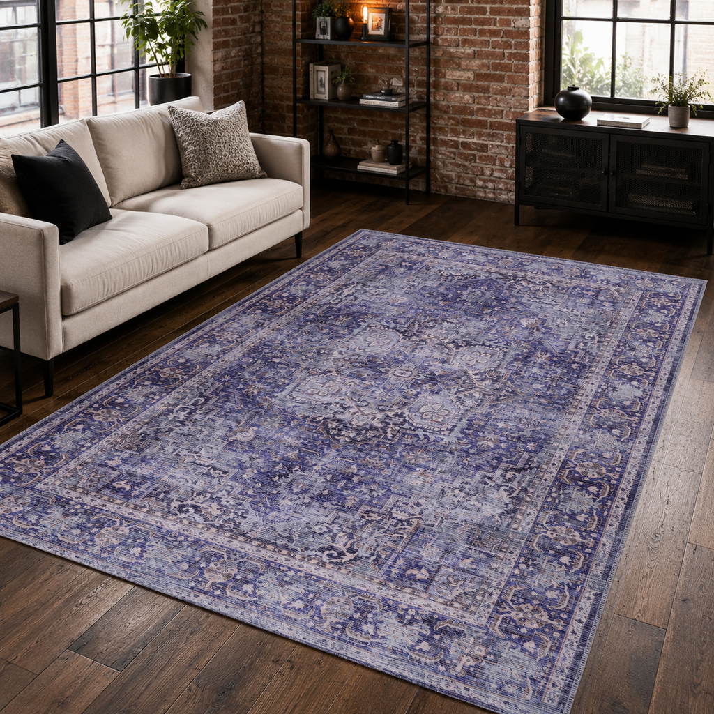 Tapis Vintage Bleu Marine Lavable Mathilde, vue principale