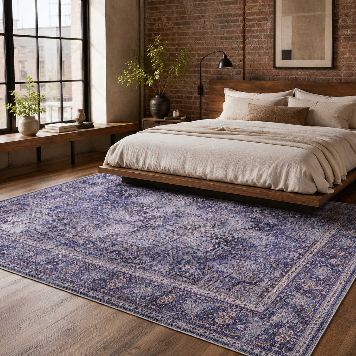 Détail du motif du tapis vintage bleu marine lavable Mathilde