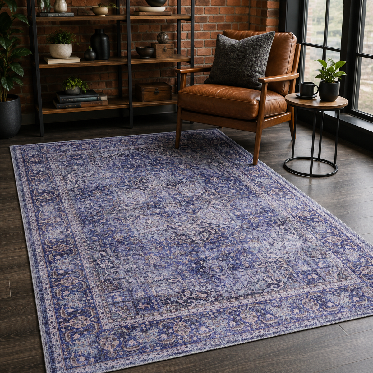 Tapis Vintage Bleu Marine Lavable Mathilde, vue 4