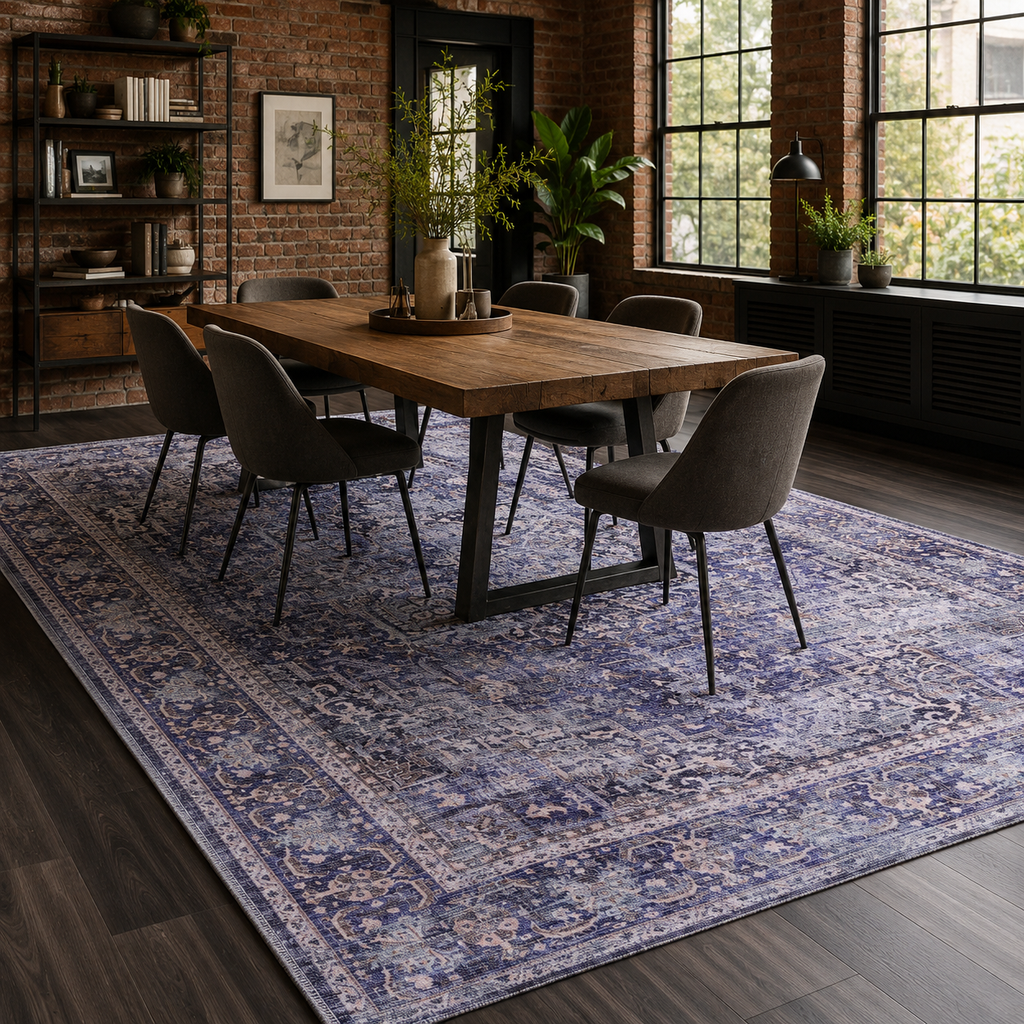 Tapis Vintage Bleu Marine Lavable Mathilde, vue 5
